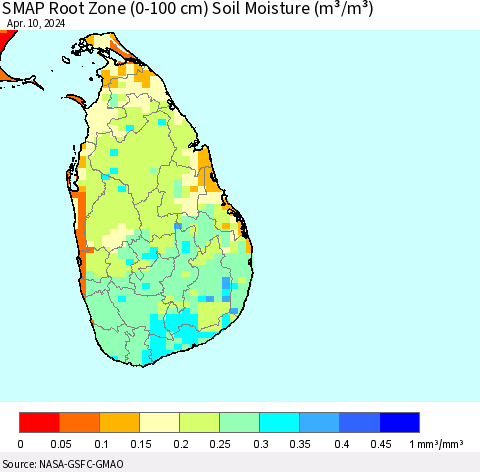 Sri Lanka SMAP Root Zone (0-100 cm) Soil Moisture (m³/m³) Thematic Map For 4/6/2024 - 4/10/2024