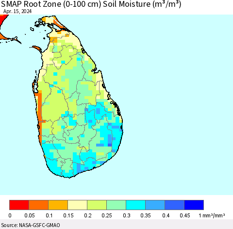 Sri Lanka SMAP Root Zone (0-100 cm) Soil Moisture (m³/m³) Thematic Map For 4/11/2024 - 4/15/2024