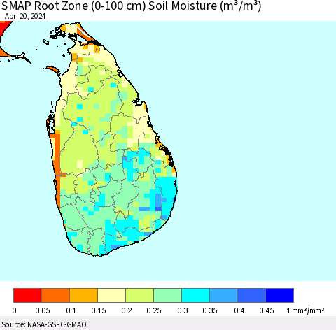 Sri Lanka SMAP Root Zone (0-100 cm) Soil Moisture (m³/m³) Thematic Map For 4/16/2024 - 4/20/2024