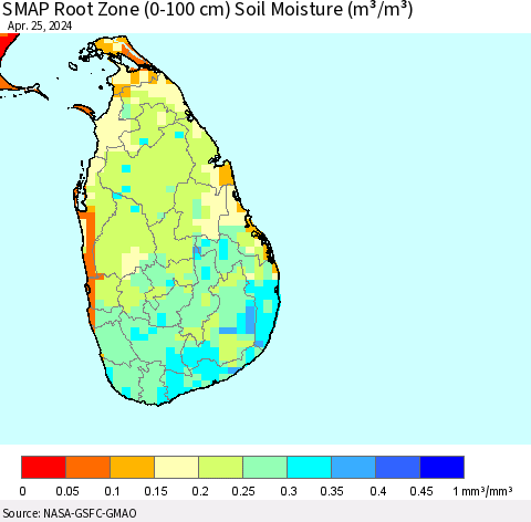 Sri Lanka SMAP Root Zone (0-100 cm) Soil Moisture (m³/m³) Thematic Map For 4/21/2024 - 4/25/2024