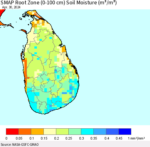 Sri Lanka SMAP Root Zone (0-100 cm) Soil Moisture (m³/m³) Thematic Map For 4/26/2024 - 4/30/2024