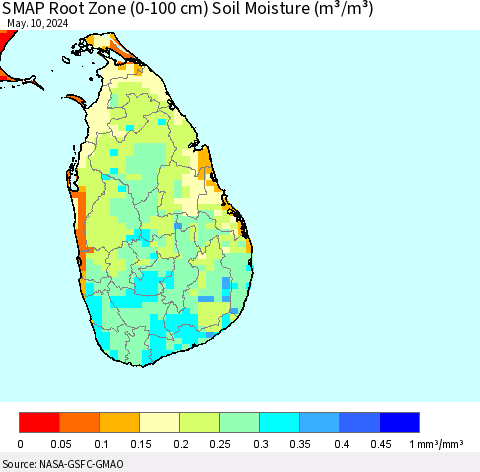 Sri Lanka SMAP Root Zone (0-100 cm) Soil Moisture (m³/m³) Thematic Map For 5/6/2024 - 5/10/2024