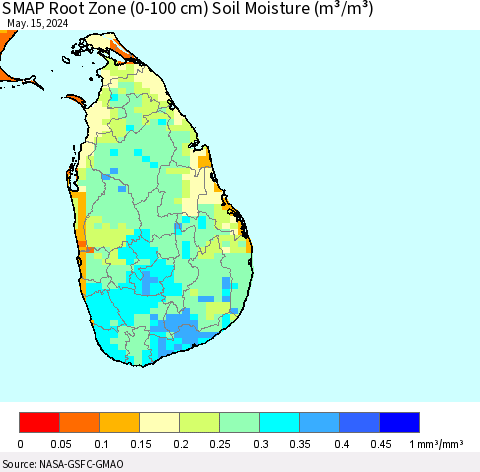 Sri Lanka SMAP Root Zone (0-100 cm) Soil Moisture (m³/m³) Thematic Map For 5/11/2024 - 5/15/2024