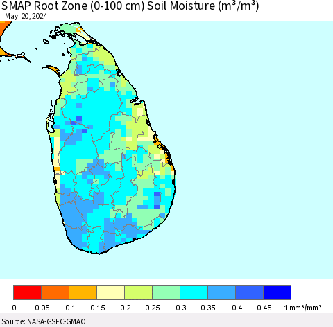 Sri Lanka SMAP Root Zone (0-100 cm) Soil Moisture (m³/m³) Thematic Map For 5/16/2024 - 5/20/2024