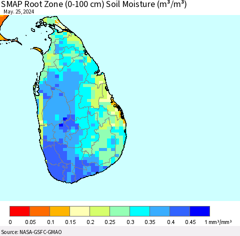 Sri Lanka SMAP Root Zone (0-100 cm) Soil Moisture (m³/m³) Thematic Map For 5/21/2024 - 5/25/2024