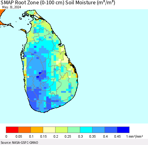 Sri Lanka SMAP Root Zone (0-100 cm) Soil Moisture (m³/m³) Thematic Map For 5/26/2024 - 5/31/2024