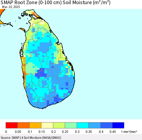 Sri Lanka SMAP Root Zone (0-100 cm) Soil Moisture (m³/m³) Thematic Map For 3/6/2025 - 3/10/2025
