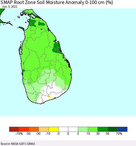 Sri Lanka SMAP Root Zone (0-100 cm) Soil Moisture Anomaly (%) Thematic Map For 1/1/2021 - 1/5/2021