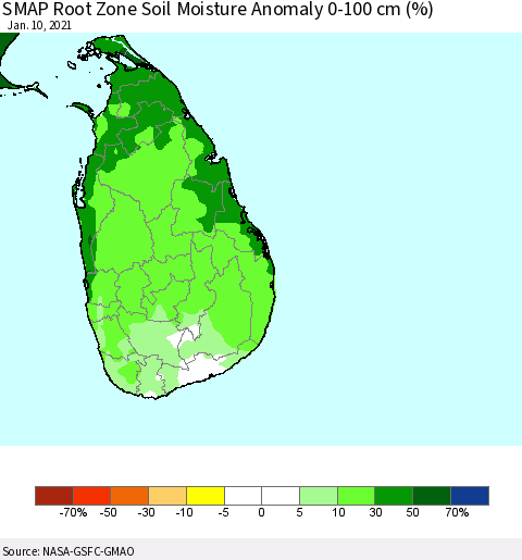 Sri Lanka SMAP Root Zone (0-100 cm) Soil Moisture Anomaly (%) Thematic Map For 1/6/2021 - 1/10/2021
