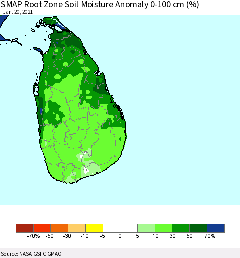 Sri Lanka SMAP Root Zone (0-100 cm) Soil Moisture Anomaly (%) Thematic Map For 1/16/2021 - 1/20/2021