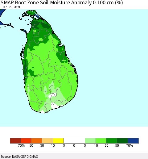 Sri Lanka SMAP Root Zone (0-100 cm) Soil Moisture Anomaly (%) Thematic Map For 1/21/2021 - 1/25/2021
