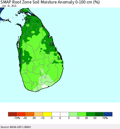 Sri Lanka SMAP Root Zone (0-100 cm) Soil Moisture Anomaly (%) Thematic Map For 1/26/2021 - 1/31/2021
