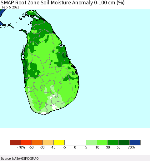 Sri Lanka SMAP Root Zone (0-100 cm) Soil Moisture Anomaly (%) Thematic Map For 2/1/2021 - 2/5/2021
