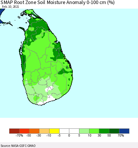 Sri Lanka SMAP Root Zone (0-100 cm) Soil Moisture Anomaly (%) Thematic Map For 2/6/2021 - 2/10/2021