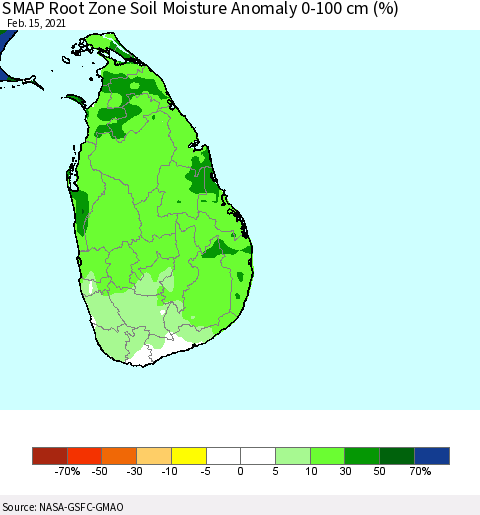 Sri Lanka SMAP Root Zone (0-100 cm) Soil Moisture Anomaly (%) Thematic Map For 2/11/2021 - 2/15/2021