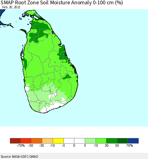 Sri Lanka SMAP Root Zone (0-100 cm) Soil Moisture Anomaly (%) Thematic Map For 2/16/2021 - 2/20/2021