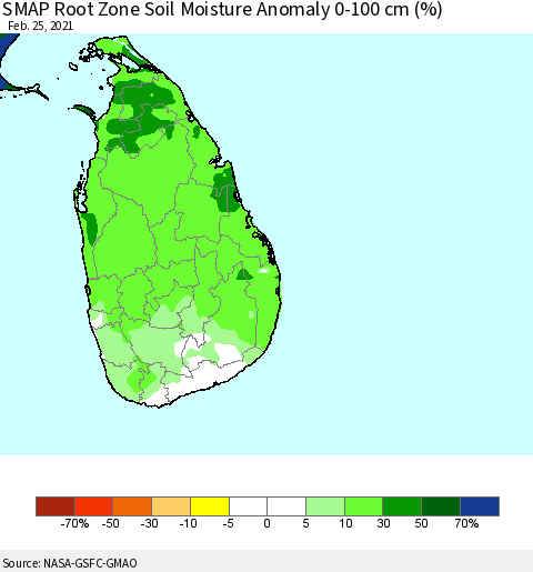 Sri Lanka SMAP Root Zone (0-100 cm) Soil Moisture Anomaly (%) Thematic Map For 2/21/2021 - 2/25/2021