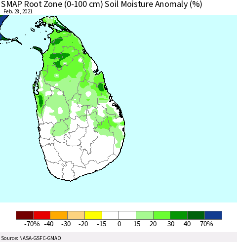 Sri Lanka SMAP Root Zone (0-100 cm) Soil Moisture Anomaly (%) Thematic Map For 2/26/2021 - 2/28/2021