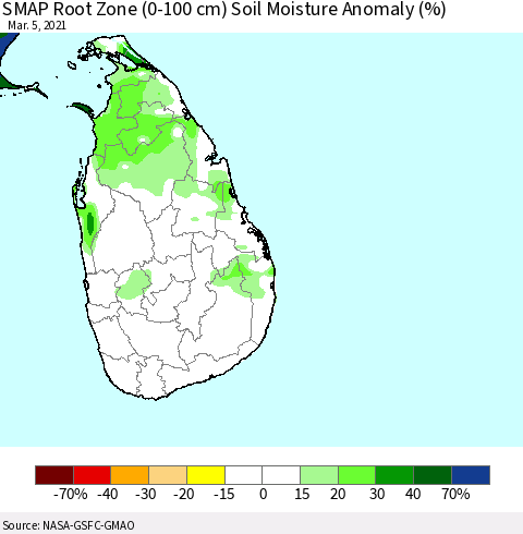 Sri Lanka SMAP Root Zone (0-100 cm) Soil Moisture Anomaly (%) Thematic Map For 3/1/2021 - 3/5/2021