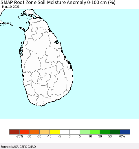 Sri Lanka SMAP Root Zone (0-100 cm) Soil Moisture Anomaly (%) Thematic Map For 3/6/2021 - 3/10/2021