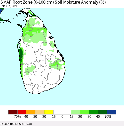 Sri Lanka SMAP Root Zone (0-100 cm) Soil Moisture Anomaly (%) Thematic Map For 3/11/2021 - 3/15/2021