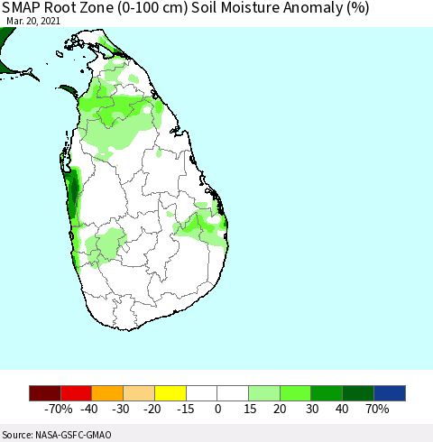 Sri Lanka SMAP Root Zone (0-100 cm) Soil Moisture Anomaly (%) Thematic Map For 3/16/2021 - 3/20/2021