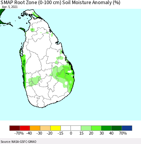 Sri Lanka SMAP Root Zone (0-100 cm) Soil Moisture Anomaly (%) Thematic Map For 4/1/2021 - 4/5/2021