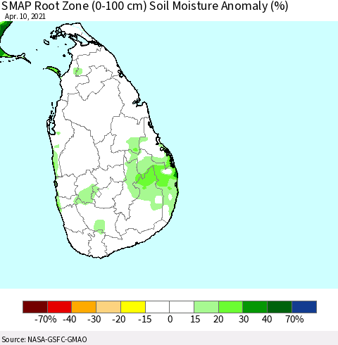 Sri Lanka SMAP Root Zone (0-100 cm) Soil Moisture Anomaly (%) Thematic Map For 4/6/2021 - 4/10/2021