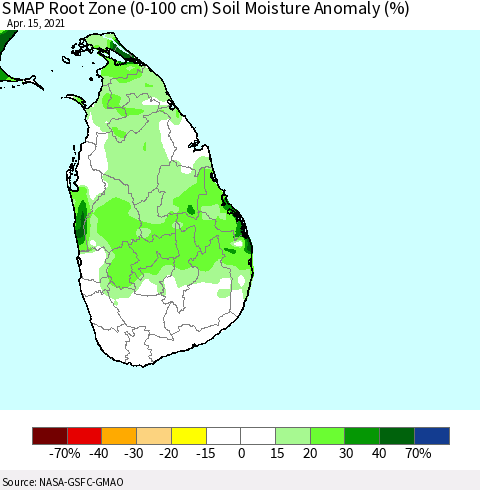 Sri Lanka SMAP Root Zone (0-100 cm) Soil Moisture Anomaly (%) Thematic Map For 4/11/2021 - 4/15/2021