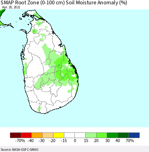 Sri Lanka SMAP Root Zone (0-100 cm) Soil Moisture Anomaly (%) Thematic Map For 4/16/2021 - 4/20/2021