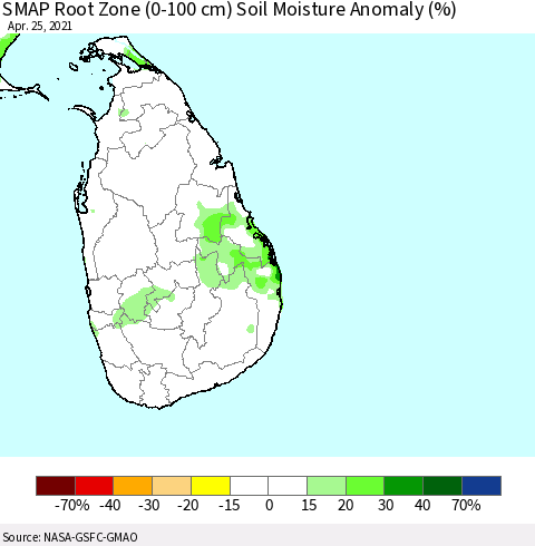 Sri Lanka SMAP Root Zone (0-100 cm) Soil Moisture Anomaly (%) Thematic Map For 4/21/2021 - 4/25/2021