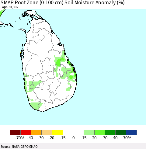 Sri Lanka SMAP Root Zone (0-100 cm) Soil Moisture Anomaly (%) Thematic Map For 4/26/2021 - 4/30/2021