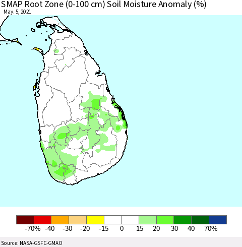 Sri Lanka SMAP Root Zone (0-100 cm) Soil Moisture Anomaly (%) Thematic Map For 5/1/2021 - 5/5/2021