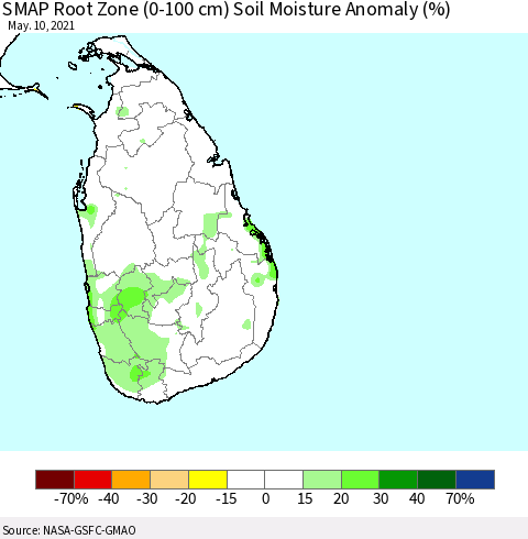 Sri Lanka SMAP Root Zone (0-100 cm) Soil Moisture Anomaly (%) Thematic Map For 5/6/2021 - 5/10/2021