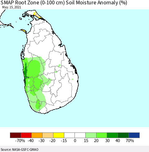 Sri Lanka SMAP Root Zone (0-100 cm) Soil Moisture Anomaly (%) Thematic Map For 5/11/2021 - 5/15/2021