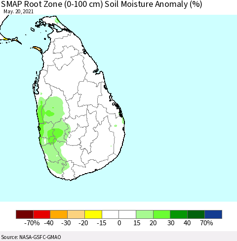 Sri Lanka SMAP Root Zone (0-100 cm) Soil Moisture Anomaly (%) Thematic Map For 5/16/2021 - 5/20/2021