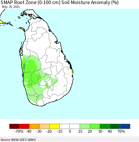 Sri Lanka SMAP Root Zone (0-100 cm) Soil Moisture Anomaly (%) Thematic Map For 5/21/2021 - 5/25/2021