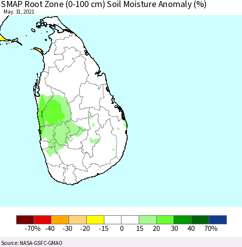 Sri Lanka SMAP Root Zone (0-100 cm) Soil Moisture Anomaly (%) Thematic Map For 5/26/2021 - 5/31/2021