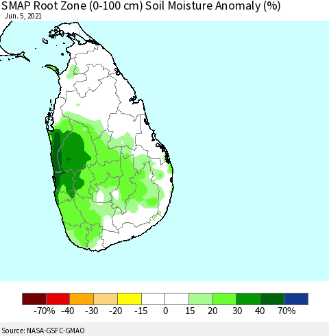 Sri Lanka SMAP Root Zone (0-100 cm) Soil Moisture Anomaly (%) Thematic Map For 6/1/2021 - 6/5/2021