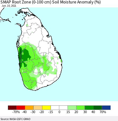 Sri Lanka SMAP Root Zone (0-100 cm) Soil Moisture Anomaly (%) Thematic Map For 6/6/2021 - 6/10/2021