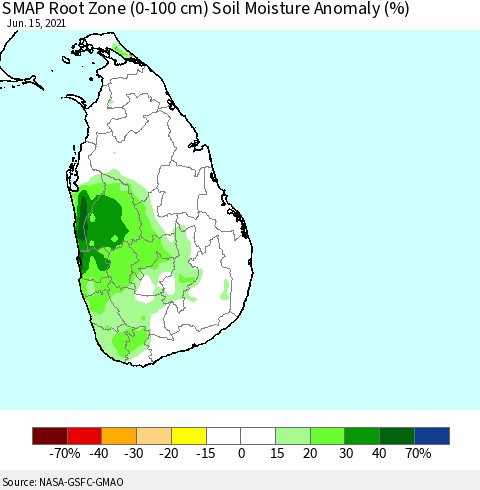 Sri Lanka SMAP Root Zone (0-100 cm) Soil Moisture Anomaly (%) Thematic Map For 6/11/2021 - 6/15/2021