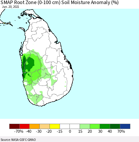 Sri Lanka SMAP Root Zone (0-100 cm) Soil Moisture Anomaly (%) Thematic Map For 6/16/2021 - 6/20/2021