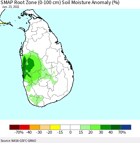 Sri Lanka SMAP Root Zone (0-100 cm) Soil Moisture Anomaly (%) Thematic Map For 6/21/2021 - 6/25/2021