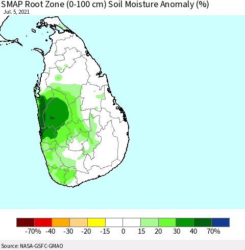 Sri Lanka SMAP Root Zone (0-100 cm) Soil Moisture Anomaly (%) Thematic Map For 7/1/2021 - 7/5/2021