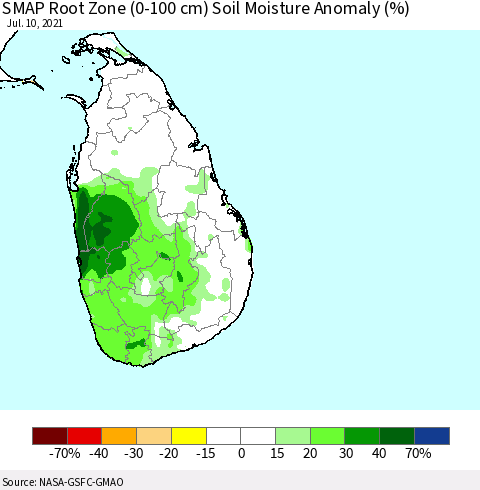Sri Lanka SMAP Root Zone (0-100 cm) Soil Moisture Anomaly (%) Thematic Map For 7/6/2021 - 7/10/2021