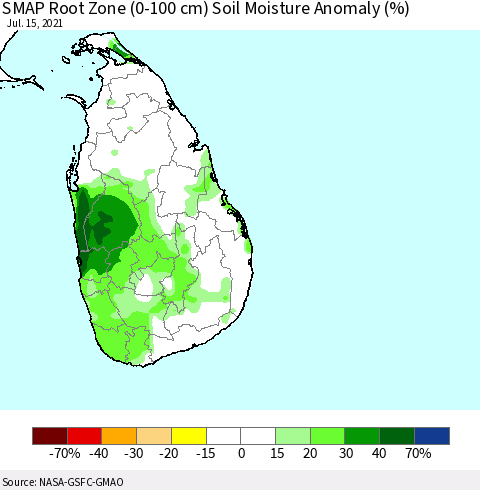 Sri Lanka SMAP Root Zone (0-100 cm) Soil Moisture Anomaly (%) Thematic Map For 7/11/2021 - 7/15/2021