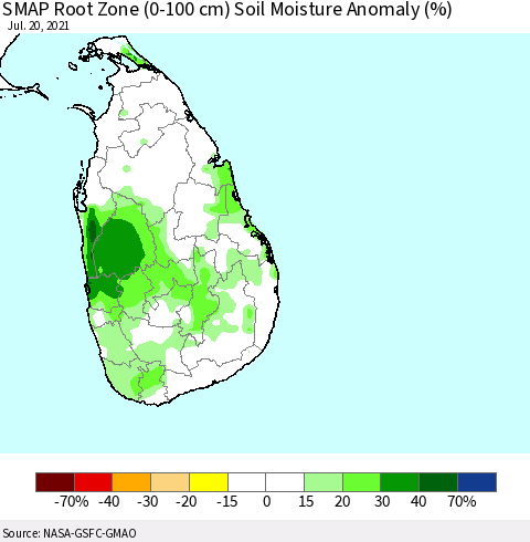 Sri Lanka SMAP Root Zone (0-100 cm) Soil Moisture Anomaly (%) Thematic Map For 7/16/2021 - 7/20/2021