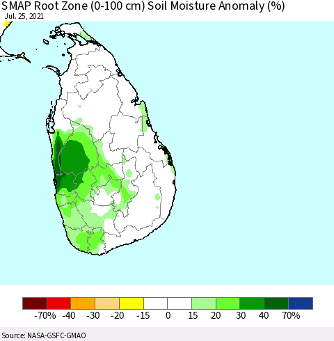 Sri Lanka SMAP Root Zone (0-100 cm) Soil Moisture Anomaly (%) Thematic Map For 7/21/2021 - 7/25/2021