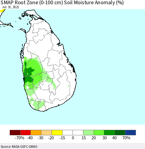 Sri Lanka SMAP Root Zone (0-100 cm) Soil Moisture Anomaly (%) Thematic Map For 7/26/2021 - 7/31/2021