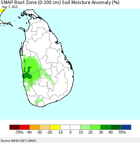 Sri Lanka SMAP Root Zone (0-100 cm) Soil Moisture Anomaly (%) Thematic Map For 8/1/2021 - 8/5/2021